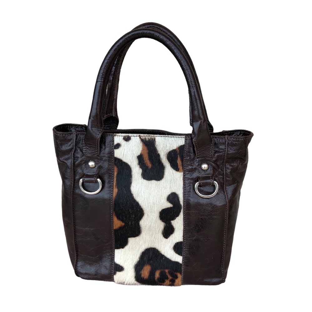 Innue Leather With Calf Hair‎ Zipper Closure Brown Bag Purse 14” X 10.5” X 4”
